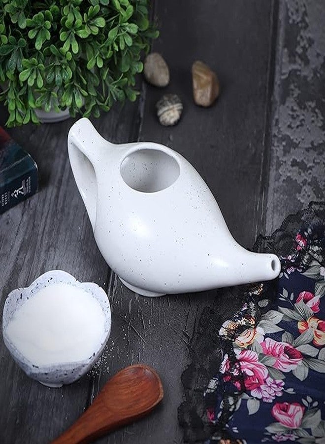 WHOLELIFEOBJECTS Leak Proof Durable Porcelain Ceramic Neti Pot Hold 300 Ml Water Comfortable Grip with 10 Sachet Neti Salt | Eco Friendly Natural Treatment for Sinus & Congestion (White Matt) - Image 2